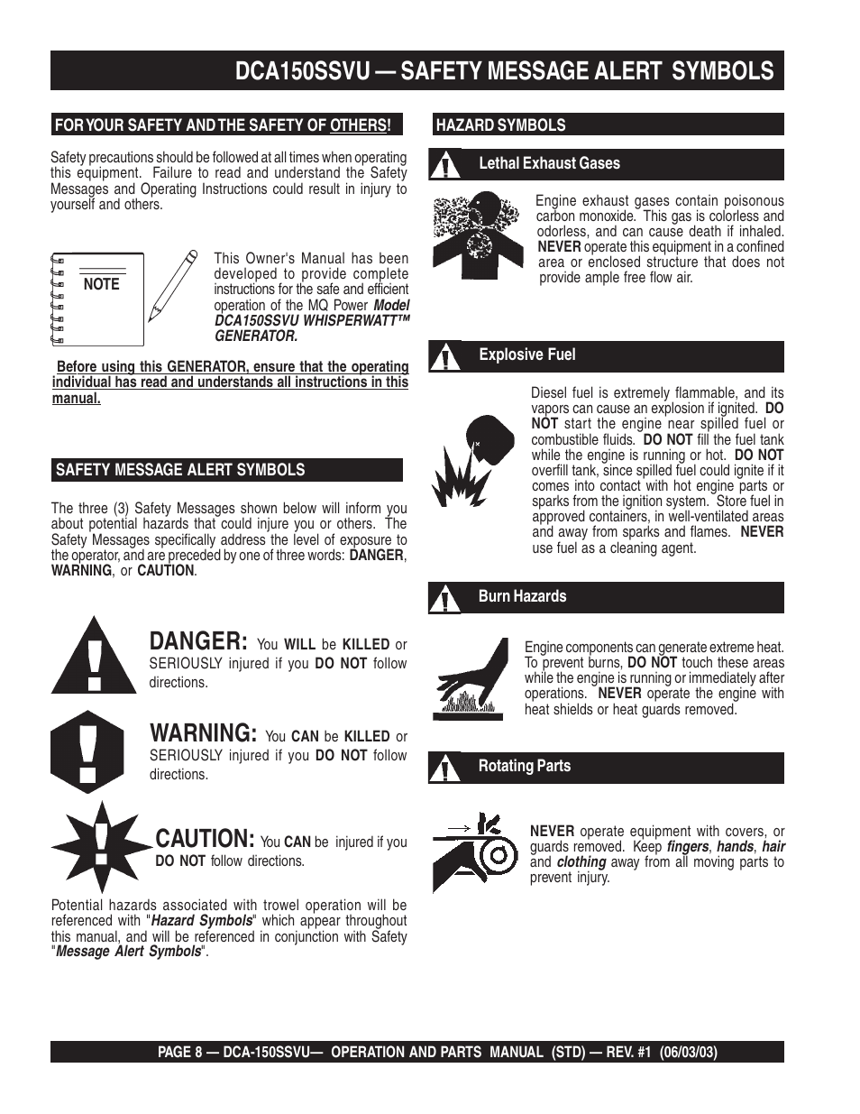 Dca150ssvu — safety message alert symbols, Danger, Warning | Caution | Multiquip DCA150SSVU User Manual | Page 8 / 94