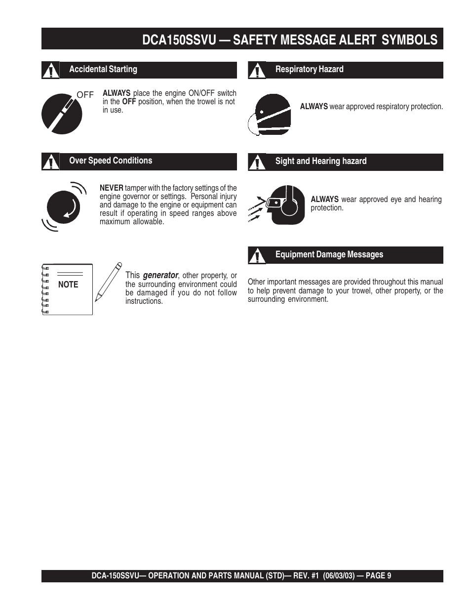 Dca150ssvu — safety message alert symbols | Multiquip DCA150SSVU User Manual | Page 9 / 94