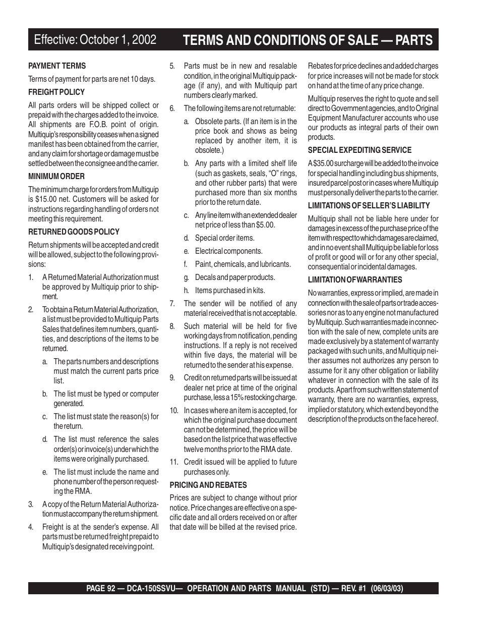 Terms and conditions of sale — parts | Multiquip DCA150SSVU User Manual | Page 92 / 94