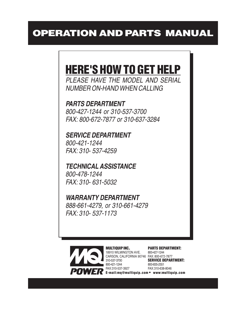 Here's how to get help, Parts and operation manual, Operation and parts manual | Multiquip DCA150SSVU User Manual | Page 94 / 94