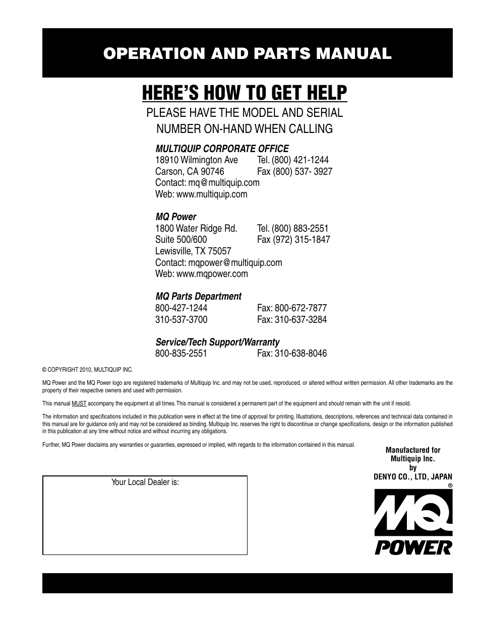 Here’s how to get help, Operation and parts manual | Multiquip DCA180SSIU User Manual | Page 106 / 106