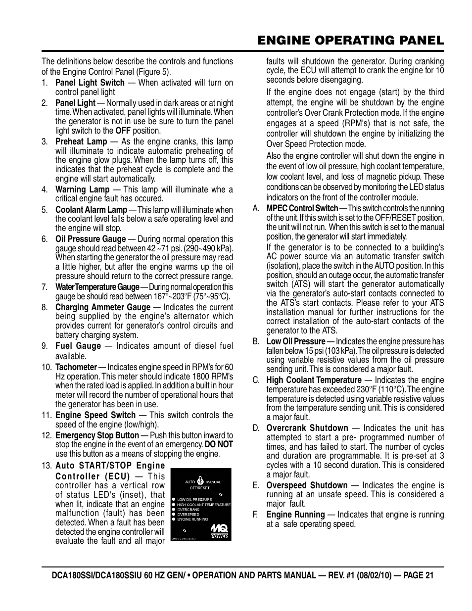 Engine operating panel | Multiquip DCA180SSIU User Manual | Page 21 / 106