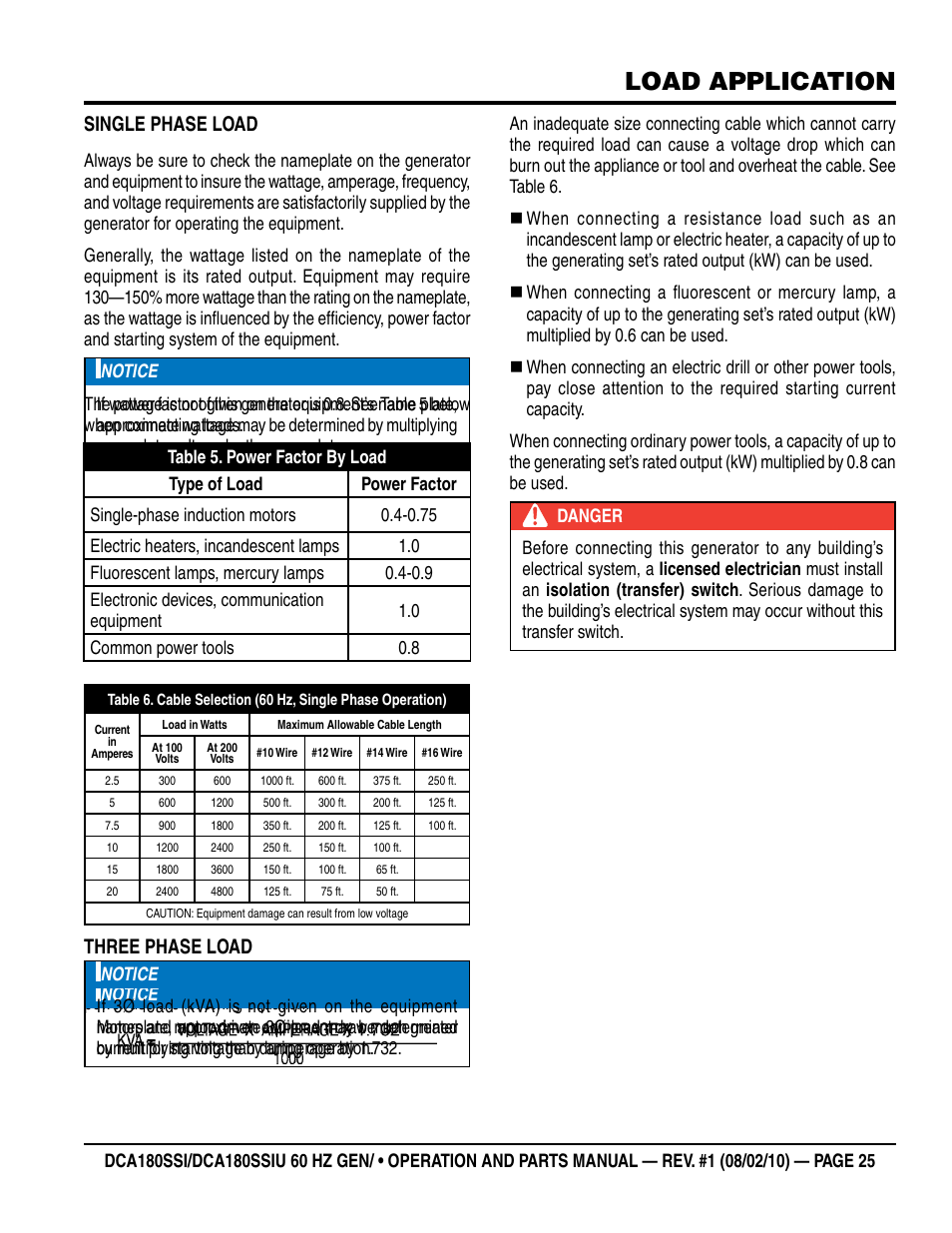 Load application, Single phase load, Three phase load | Multiquip DCA180SSIU User Manual | Page 25 / 106