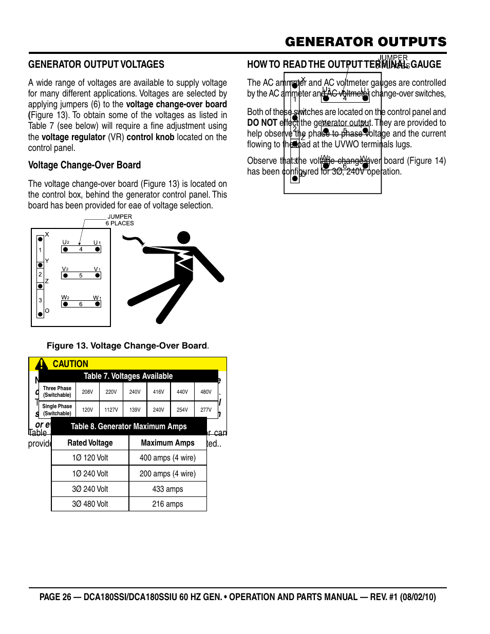 Generator outputs, Generator output voltages, Voltage change-over board | How to read the output terminal gauge | Multiquip DCA180SSIU User Manual | Page 26 / 106