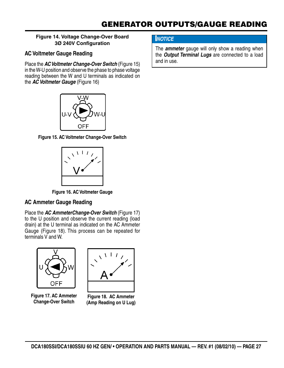 Generator outputs/gauge reading | Multiquip DCA180SSIU User Manual | Page 27 / 106