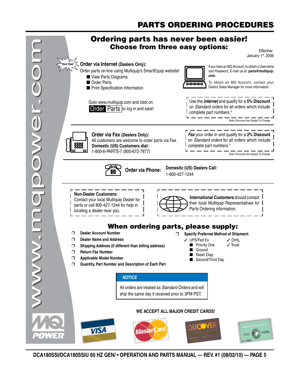 Parts ordering procedures, Ordering parts has never been easier, Choose from three easy options | When ordering parts, please supply, Order parts | Multiquip DCA180SSIU User Manual | Page 5 / 106