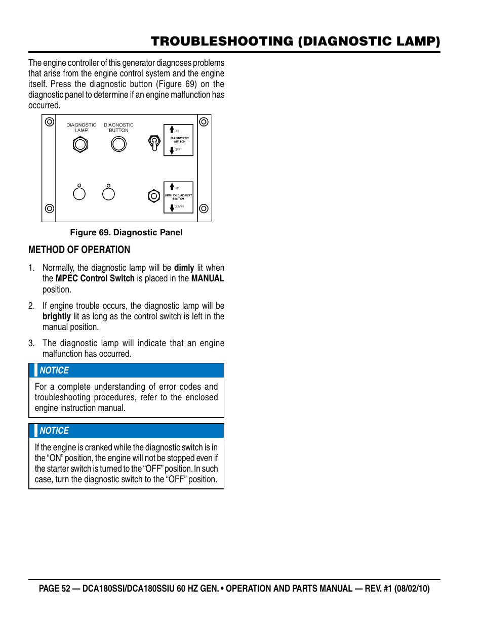 Troubleshooting (diagnostic lamp) | Multiquip DCA180SSIU User Manual | Page 52 / 106