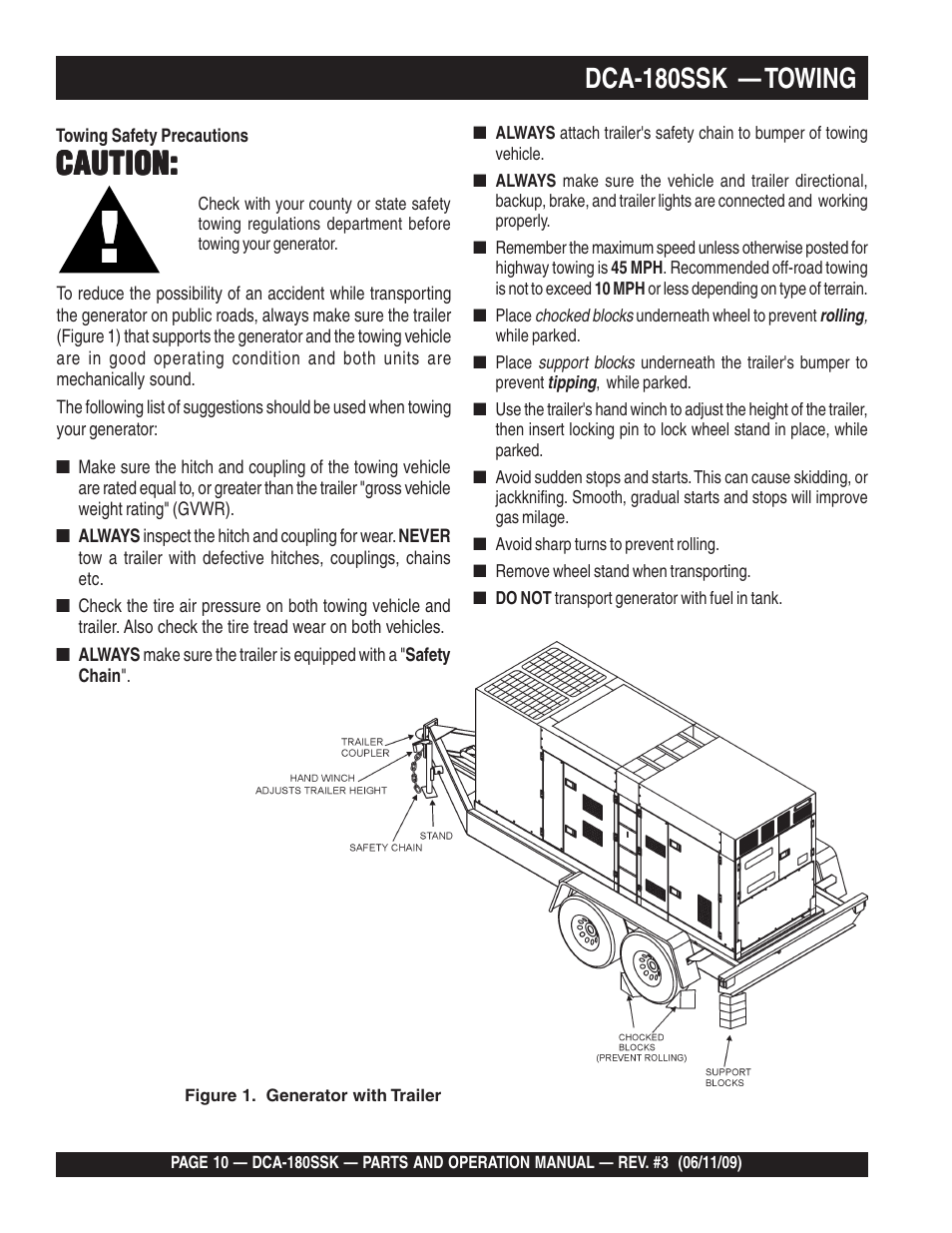 Caution, Dca-180ssk — towing | Multiquip DCA180SSK User Manual | Page 10 / 98