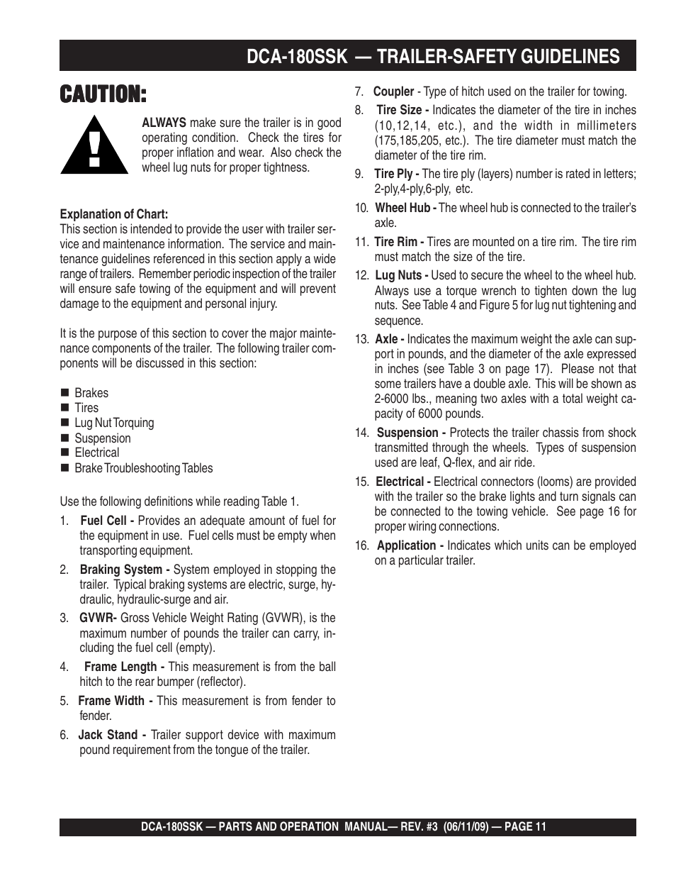 Caution, Dca-180ssk — trailer-safety guidelines | Multiquip DCA180SSK User Manual | Page 11 / 98