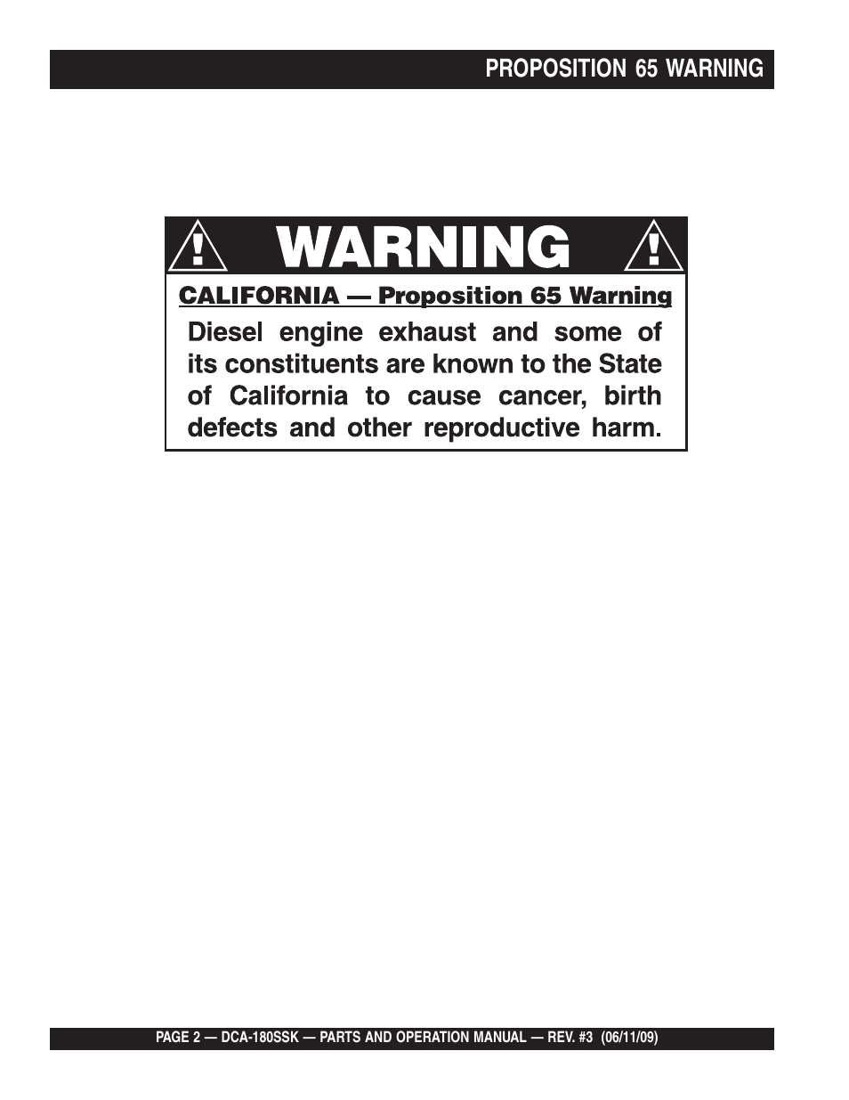 Proposition 65 warning | Multiquip DCA180SSK User Manual | Page 2 / 98