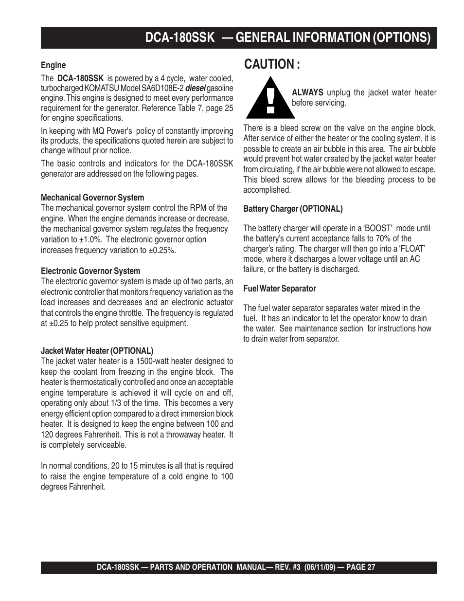 Dca-180ssk — general information (options) caution | Multiquip DCA180SSK User Manual | Page 27 / 98