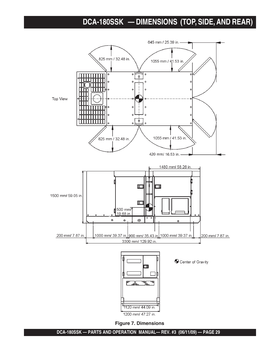 Dca-180ssk — dimensions (top, side, and rear) | Multiquip DCA180SSK User Manual | Page 29 / 98