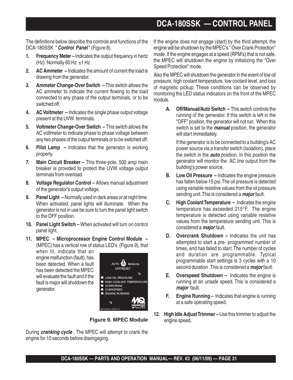 Dca-180ssk — control panel | Multiquip DCA180SSK User Manual | Page 31 / 98