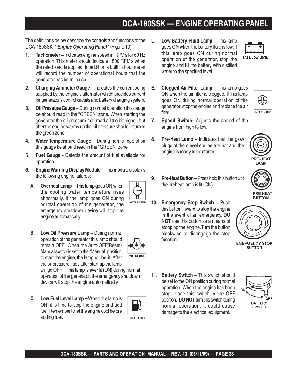 Dca-180ssk — engine operating panel | Multiquip DCA180SSK User Manual | Page 33 / 98