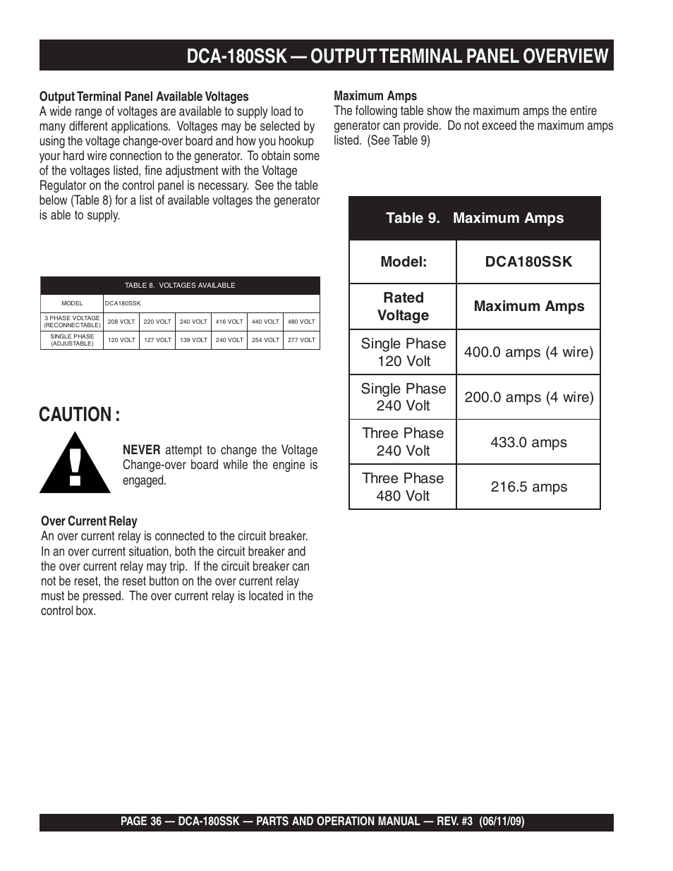 Caution, Dca-180ssk — output terminal panel overview | Multiquip DCA180SSK User Manual | Page 36 / 98