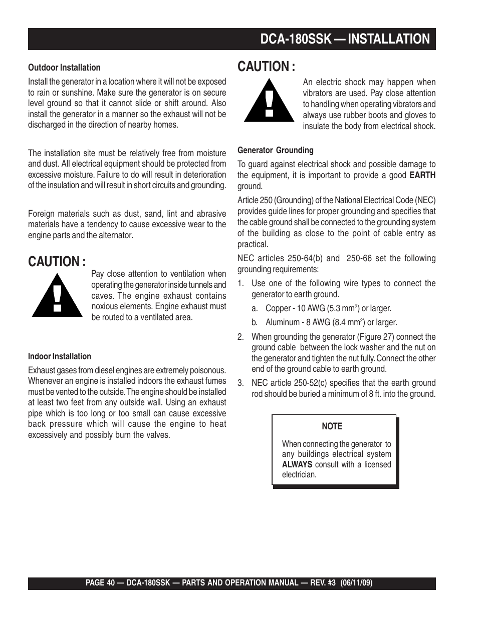 Caution, Dca-180ssk — installation | Multiquip DCA180SSK User Manual | Page 40 / 98