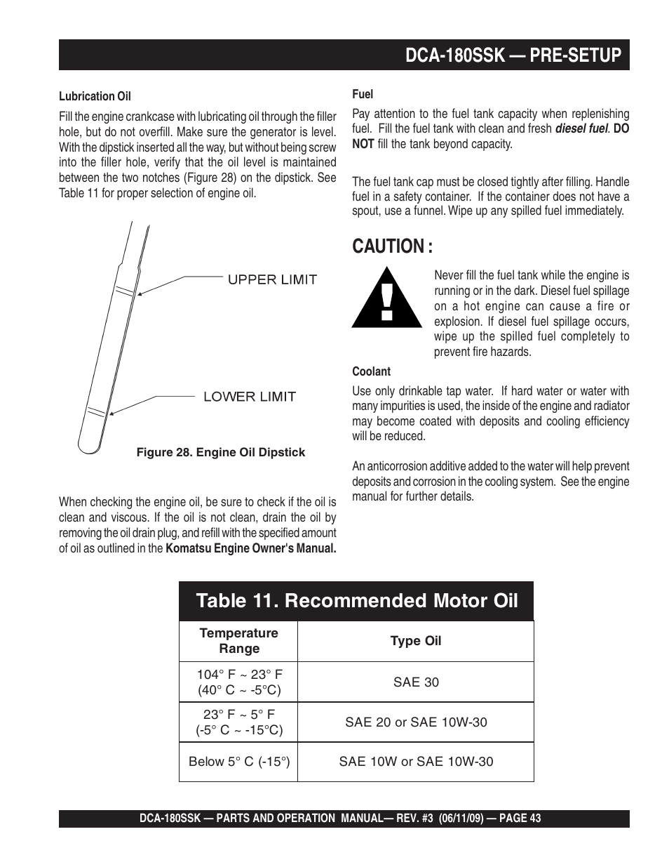 Caution, Dca-180ssk — pre-setup | Multiquip DCA180SSK User Manual | Page 43 / 98