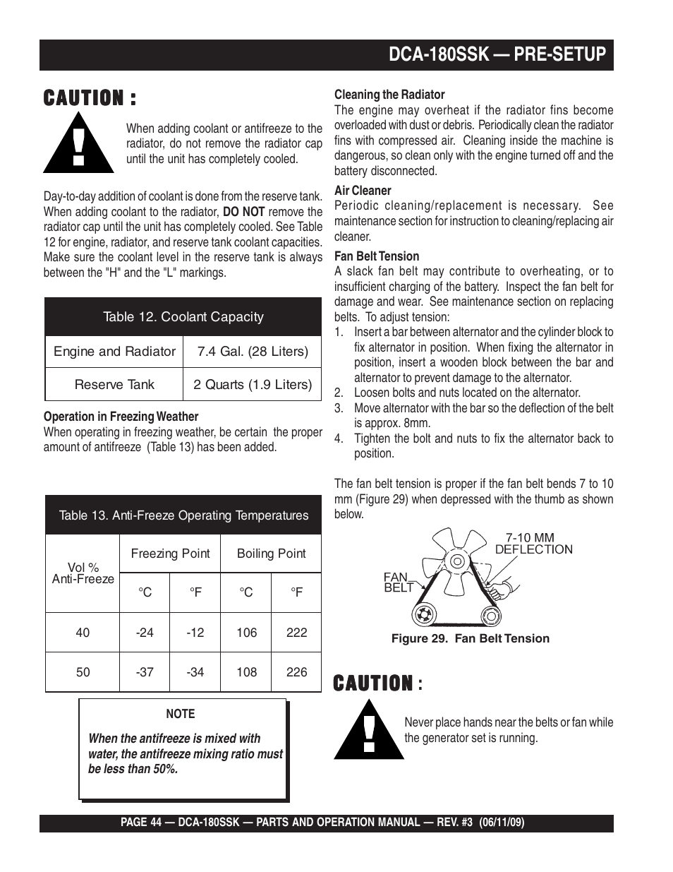 Dca-180ssk — pre-setup, Caution, Caution caution | Multiquip DCA180SSK User Manual | Page 44 / 98