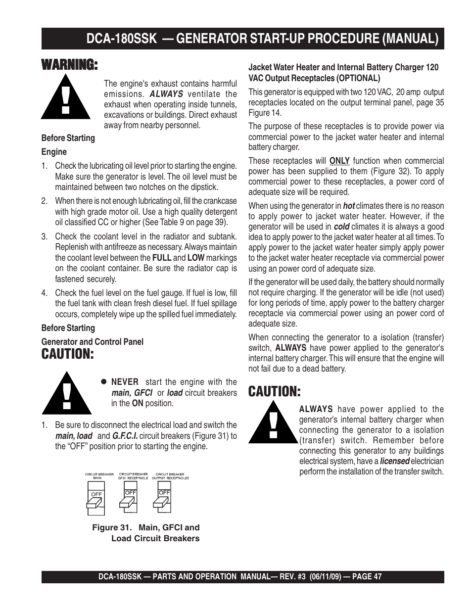 Warning, Caution, Dca-180ssk — generator start-up procedure (manual) | Multiquip DCA180SSK User Manual | Page 47 / 98