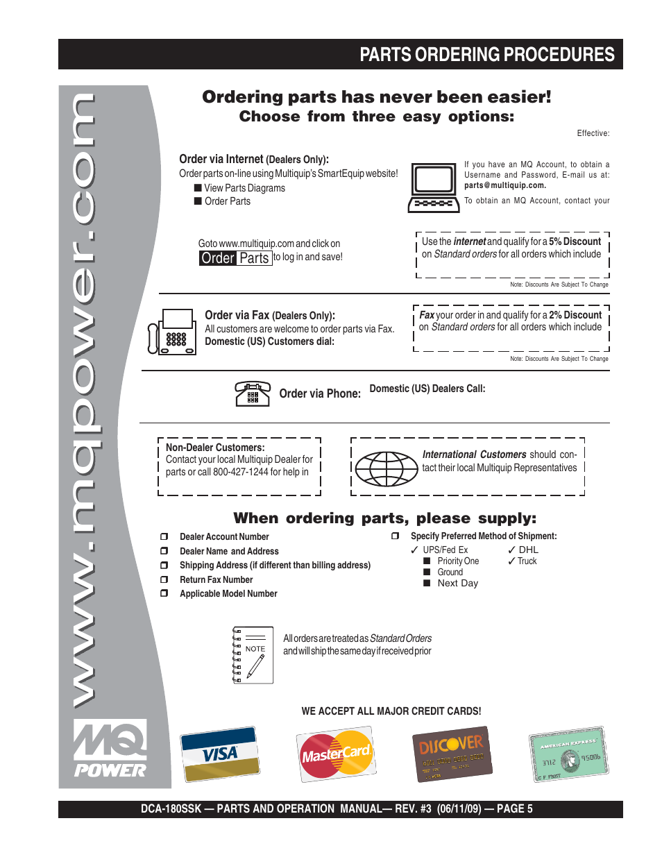 Parts ordering procedures, Ordering parts has never been easier | Multiquip DCA180SSK User Manual | Page 5 / 98