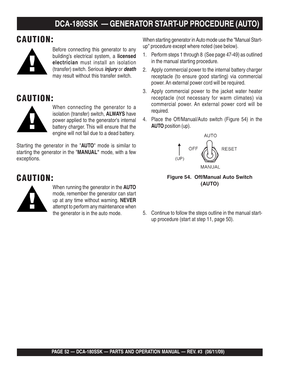 Dca-180ssk — generator start-up procedure (auto), Caution | Multiquip DCA180SSK User Manual | Page 52 / 98