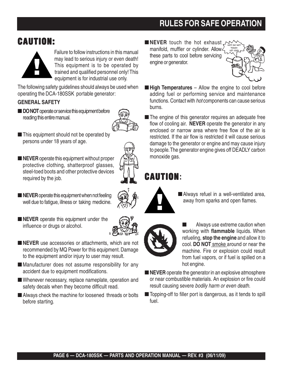 Rules for safe operation, Caution, Caution caution | Multiquip DCA180SSK User Manual | Page 6 / 98