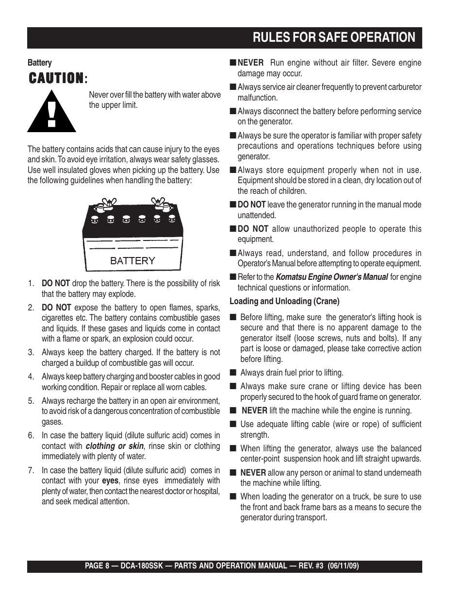 Rules for safe operation, Caution, Caution caution | Multiquip DCA180SSK User Manual | Page 8 / 98