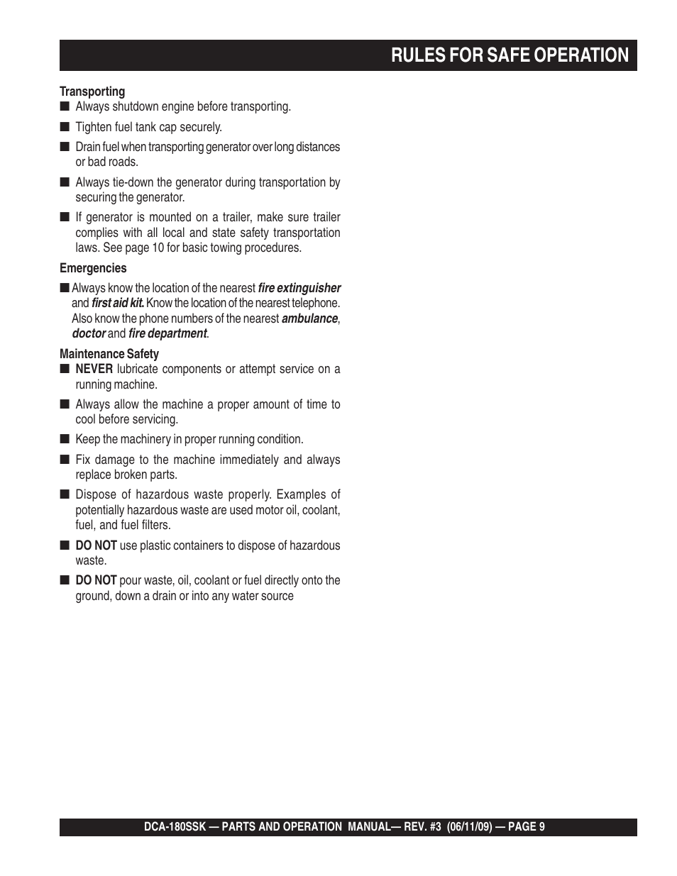 Rules for safe operation | Multiquip DCA180SSK User Manual | Page 9 / 98