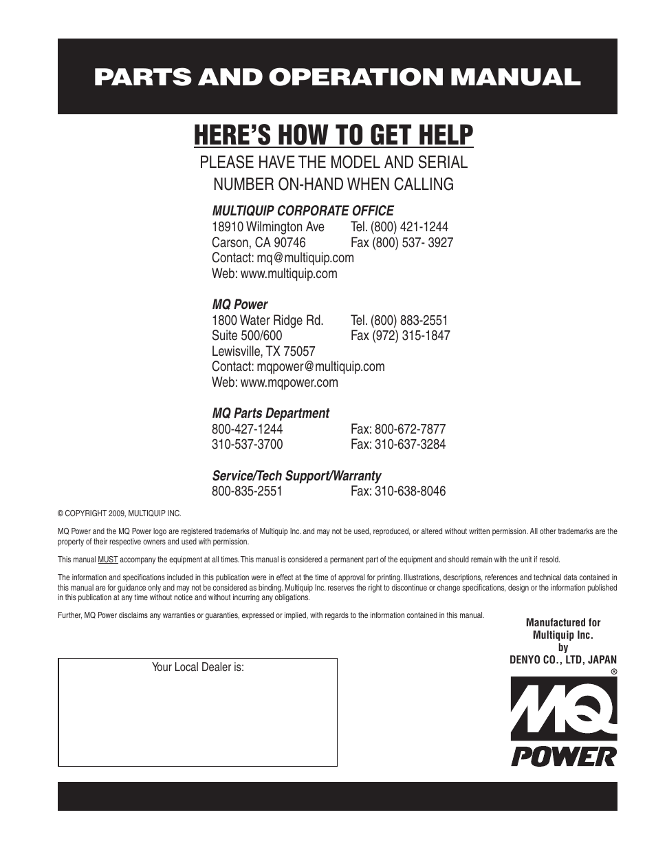 Here’s how to get help, Parts and operation manual | Multiquip DCA180SSK User Manual | Page 98 / 98