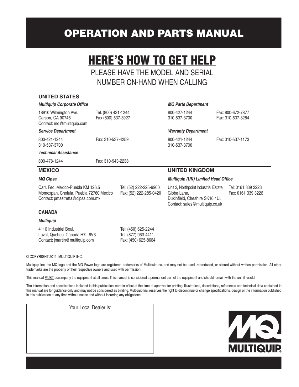 Here’s how to get help, Operation and parts manual | Multiquip DCA250SSI_250SSIU User Manual | Page 104 / 104