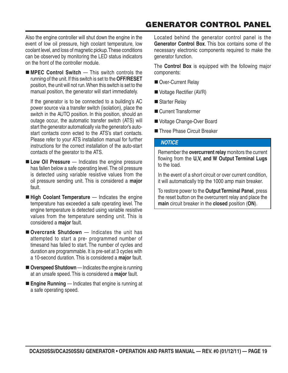 Generator control panel | Multiquip DCA250SSI_250SSIU User Manual | Page 19 / 104