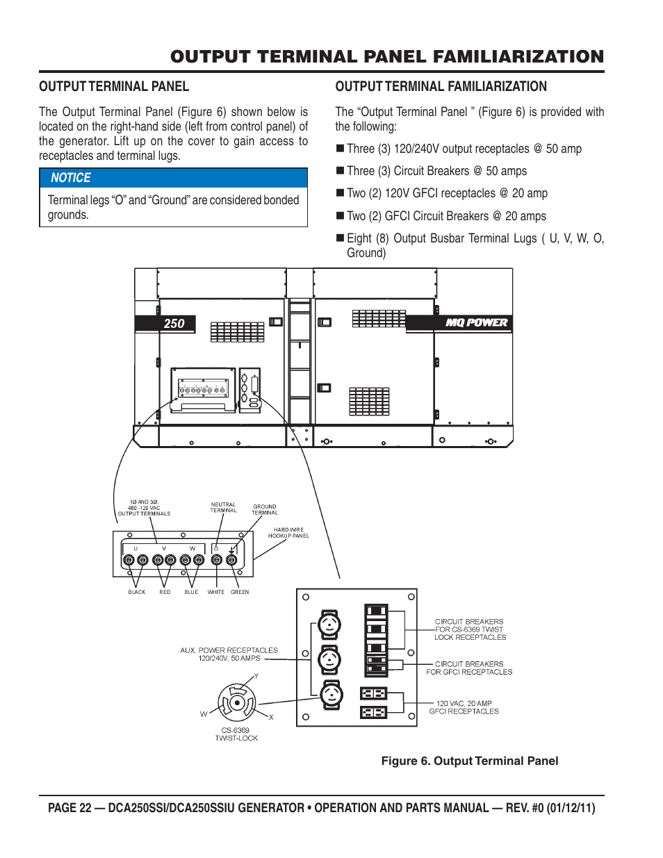 Output terminal panel familiarization | Multiquip DCA250SSI_250SSIU User Manual | Page 22 / 104