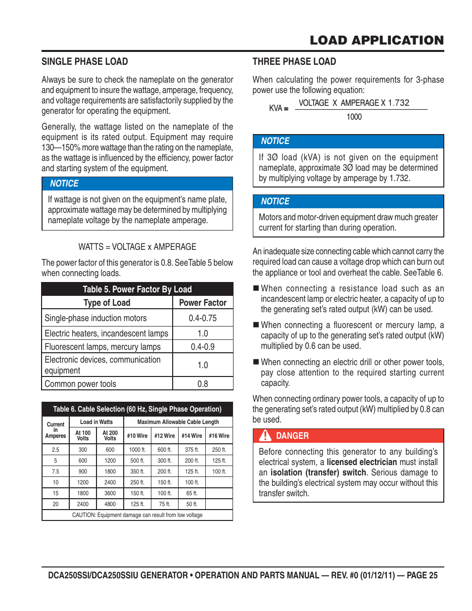 Load application, Single phase load, Three phase load | Multiquip DCA250SSI_250SSIU User Manual | Page 25 / 104