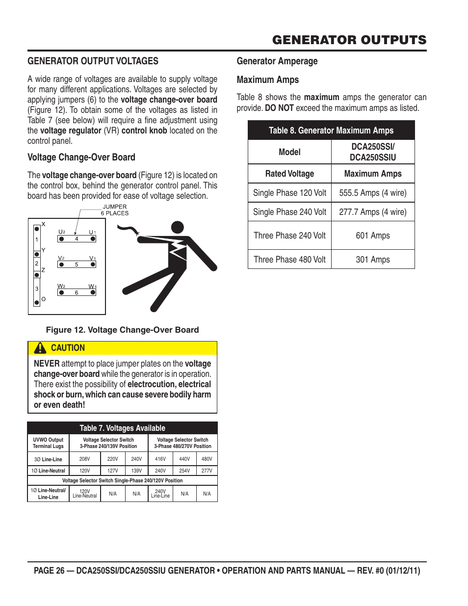 Generator outputs, Generator output voltages, Voltage change-over board | Generator amperage maximum amps | Multiquip DCA250SSI_250SSIU User Manual | Page 26 / 104