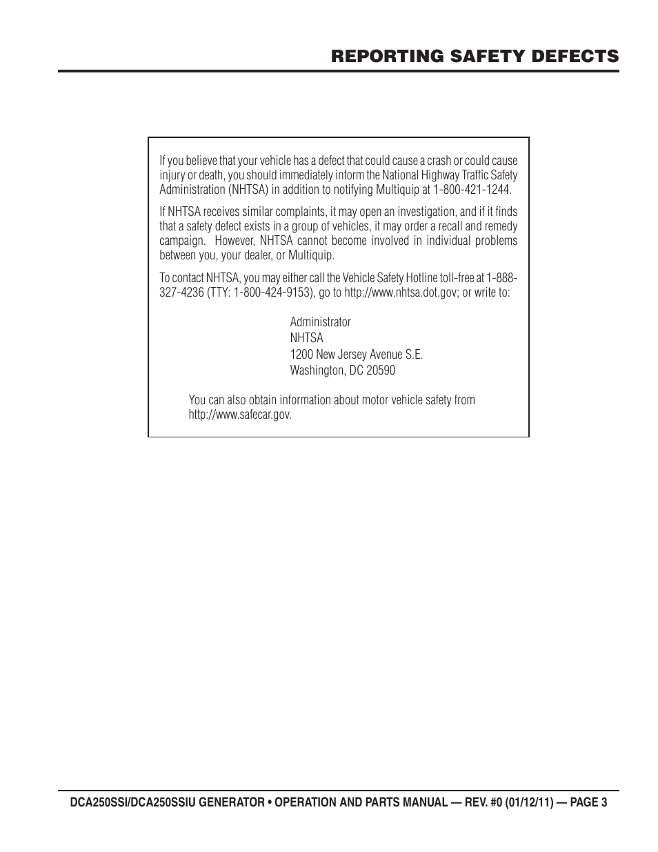 Reporting safety defects | Multiquip DCA250SSI_250SSIU User Manual | Page 3 / 104
