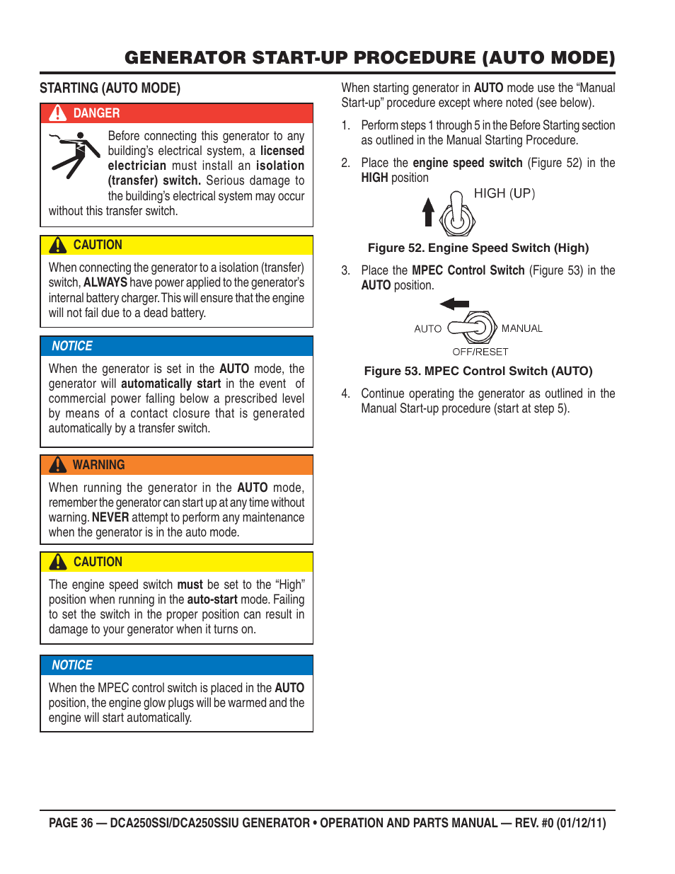 Generator start-up procedure (auto mode) | Multiquip DCA250SSI_250SSIU User Manual | Page 36 / 104