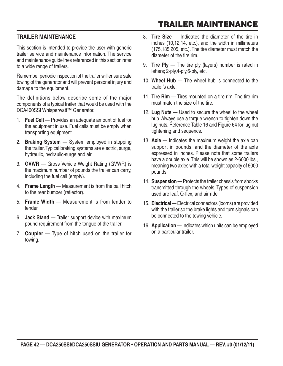 Trailer maintenance | Multiquip DCA250SSI_250SSIU User Manual | Page 42 / 104
