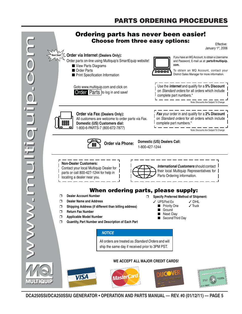 Parts ordering procedures, Ordering parts has never been easier, Choose from three easy options | When ordering parts, please supply, Order parts | Multiquip DCA250SSI_250SSIU User Manual | Page 5 / 104