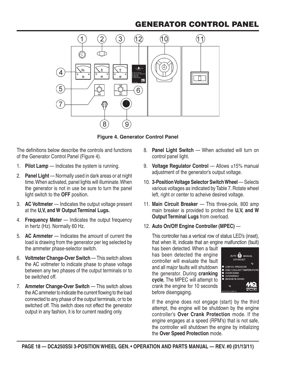 Generator control panel | Multiquip DCA250SSI User Manual | Page 18 / 96