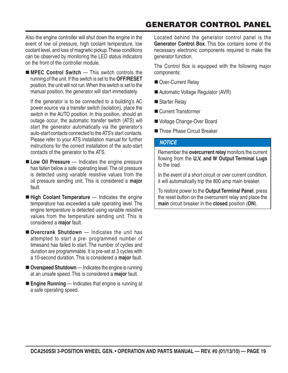 Generator control panel | Multiquip DCA250SSI User Manual | Page 19 / 96