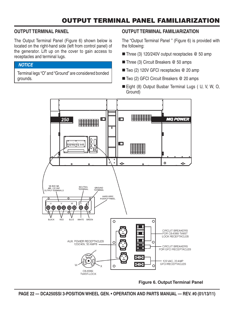 Output terminal panel familiarization | Multiquip DCA250SSI User Manual | Page 22 / 96