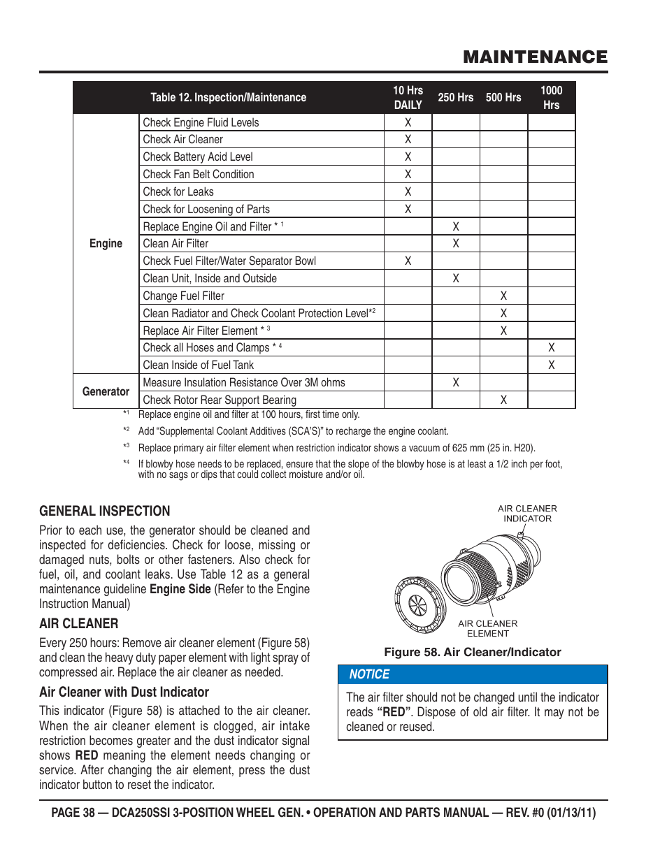 Maintenance, General inspection, Air cleaner | Air cleaner with dust indicator | Multiquip DCA250SSI User Manual | Page 38 / 96