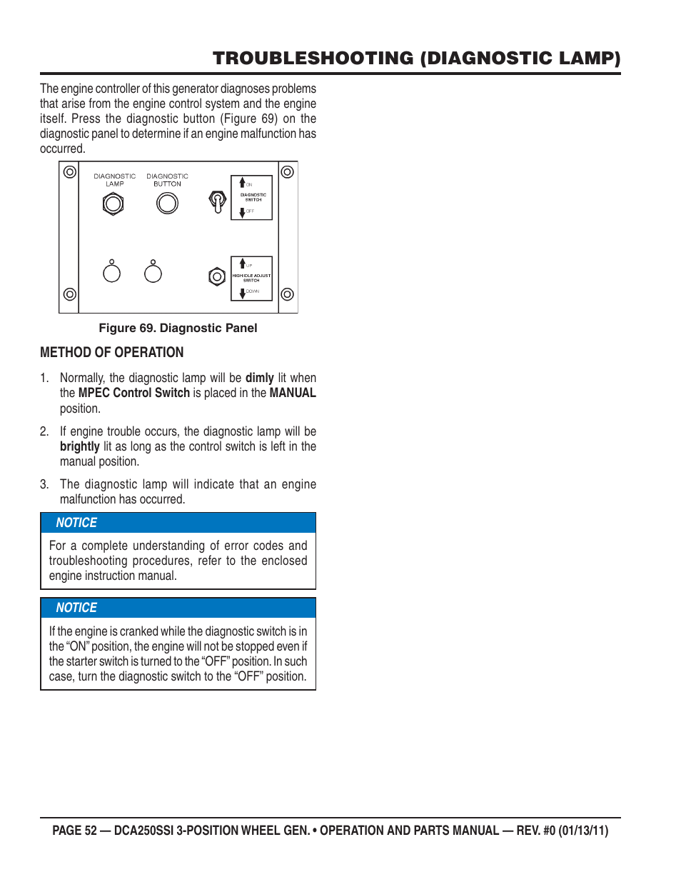 Troubleshooting (diagnostic lamp) | Multiquip DCA250SSI User Manual | Page 52 / 96