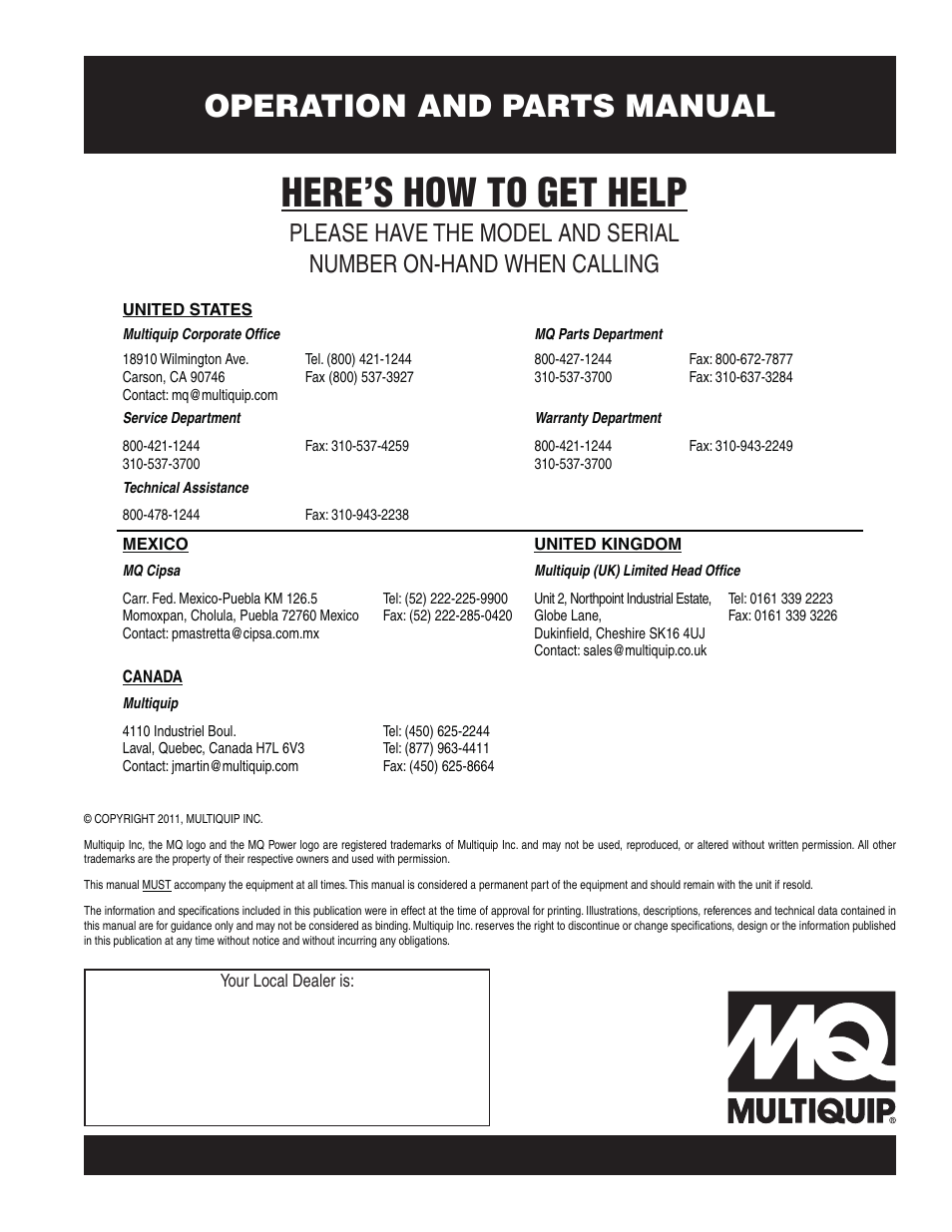 Here’s how to get help, Operation and parts manual | Multiquip DCA250SSI User Manual | Page 96 / 96