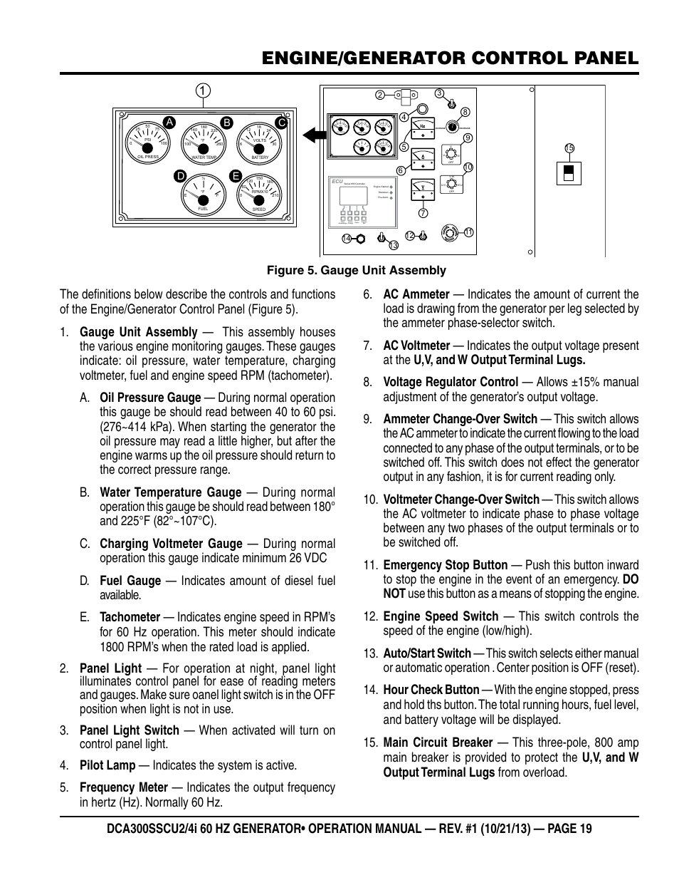 Engine/generator control panel, Figure 5. gauge unit assembly | Multiquip DCA300SSCU2_SSCU4i User Manual | Page 19 / 102