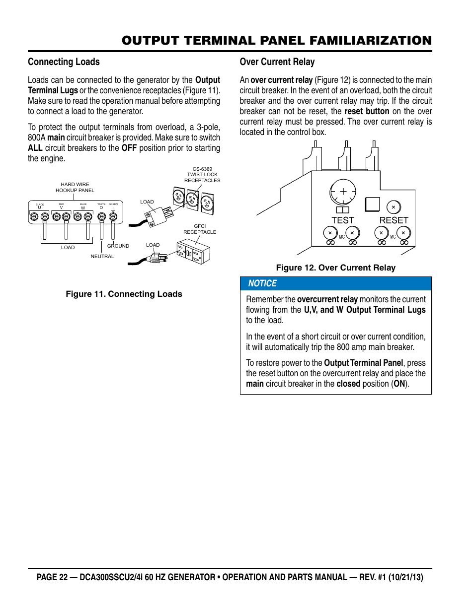Output terminal panel familiarization, Connecting loads, Over current relay | Multiquip DCA300SSCU2_SSCU4i User Manual | Page 22 / 102