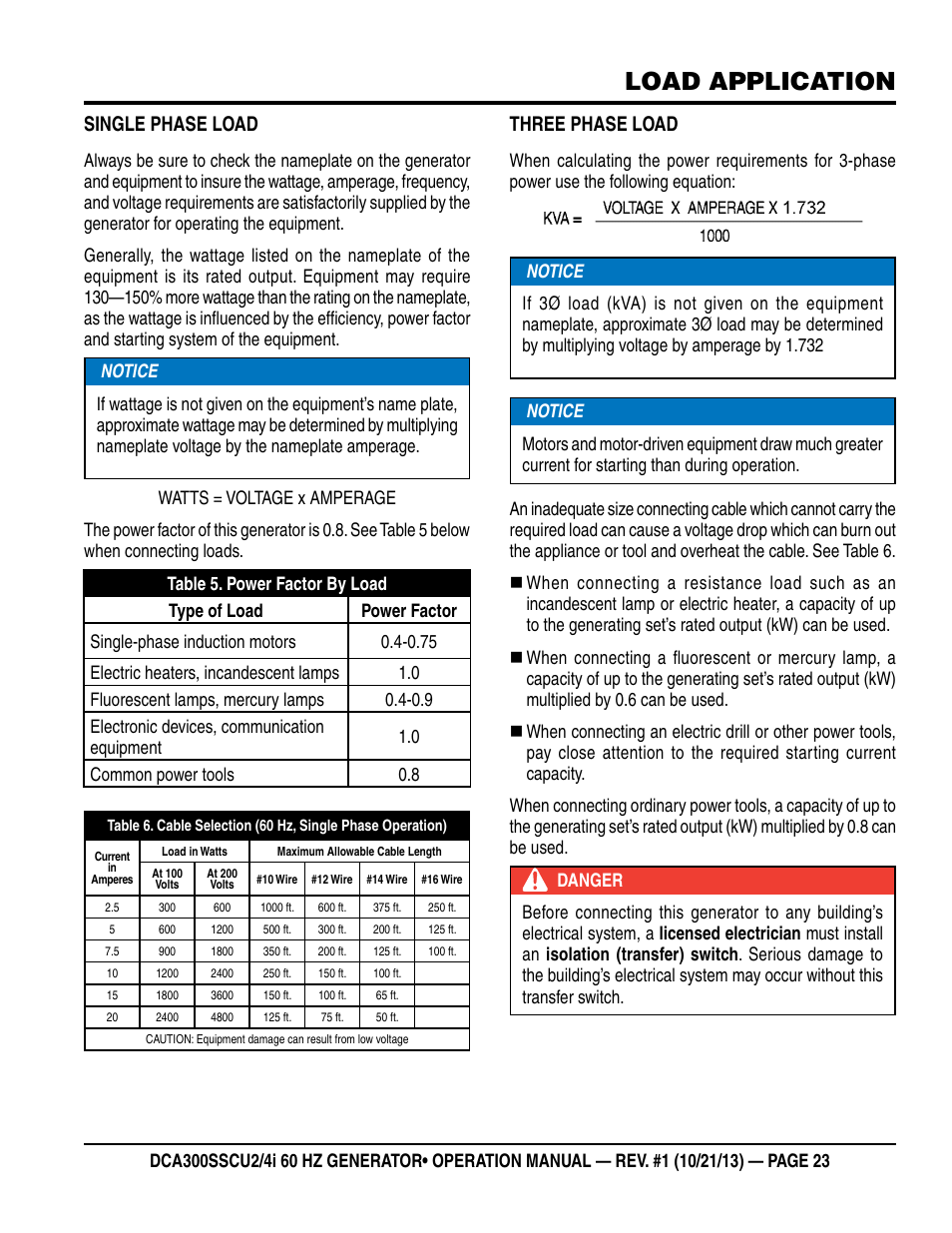 Load application, Single phase load, Three phase load | Multiquip DCA300SSCU2_SSCU4i User Manual | Page 23 / 102