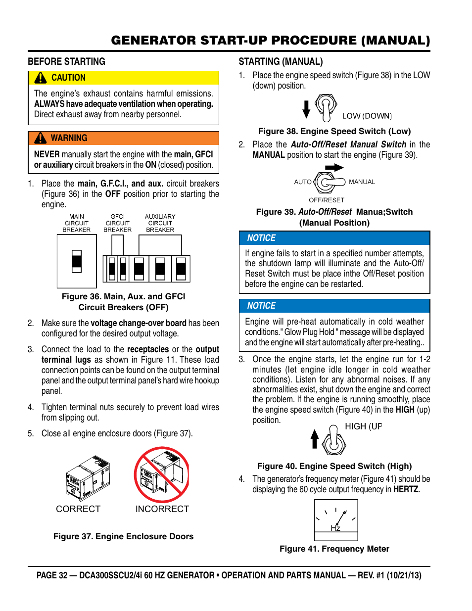 Generator start-up procedure (manual) | Multiquip DCA300SSCU2_SSCU4i User Manual | Page 32 / 102