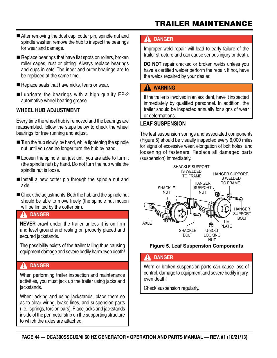Trailer maintenance | Multiquip DCA300SSCU2_SSCU4i User Manual | Page 44 / 102