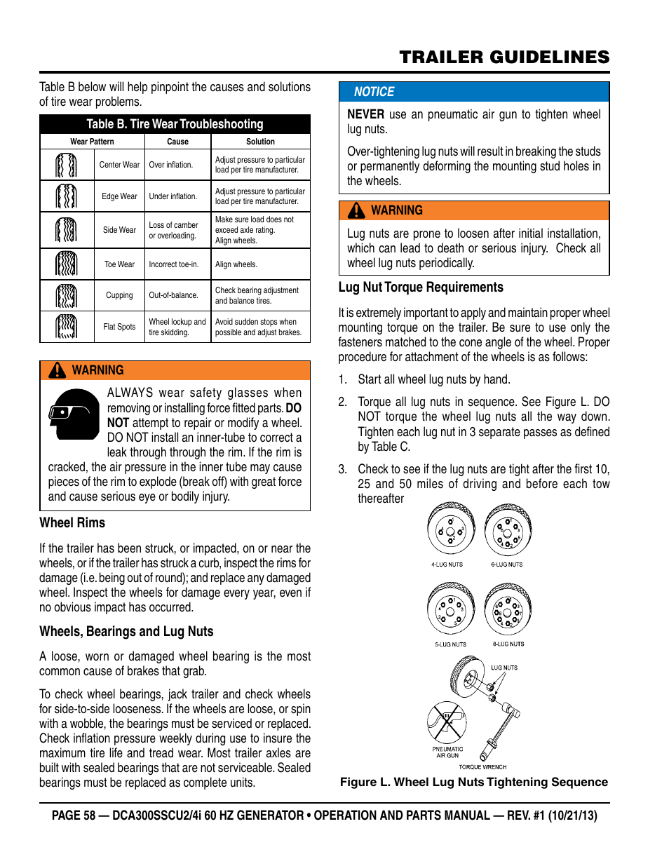 Trailer guidelines, Wheel rims, Wheels, bearings and lug nuts | Lug nut torque requirements | Multiquip DCA300SSCU2_SSCU4i User Manual | Page 58 / 102